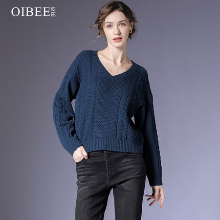 OIBEE欧芘麻花毛衣女2023春季女装新款时尚短款长袖套头针织上衣