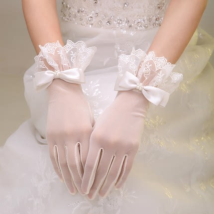 2023秋冬季新款蕾丝花边新娘白色红色婚纱礼服结婚短款手套女韩式