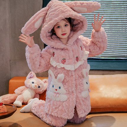 长耳兔可爱珊瑚绒女童夹棉睡衣秋冬季中长款法兰绒大童家居服套装
