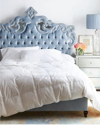 北欧现代简约主卧床美式软包轻奢科技布床蓝色拉扣高靠背双人床