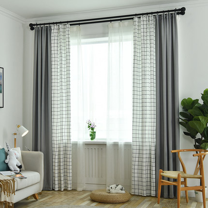 北欧风格格子简约现代田园美式成品窗帘布卧室遮光窗帘客厅落地窗