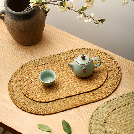 复古手工编织海草餐垫草编桌面茶垫隔热垫椭圆形杯垫中式简约垫子