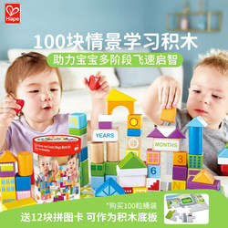 Hape100粒积木玩具益智拼装1岁婴儿2岁木制大颗粒桶装儿童节礼物