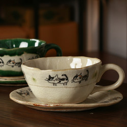 小葵川町屋日本原装进口濑户烧式可爱小猫织部冰裂釉咖啡杯红茶杯
