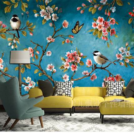 欧式风格花鸟墙纸复古抽象油画壁纸墙布电视背景墙壁画无缝壁布