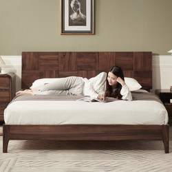 北欧双人床黑胡桃木床主卧婚床全实木床简约1.8米1.5米床气压床