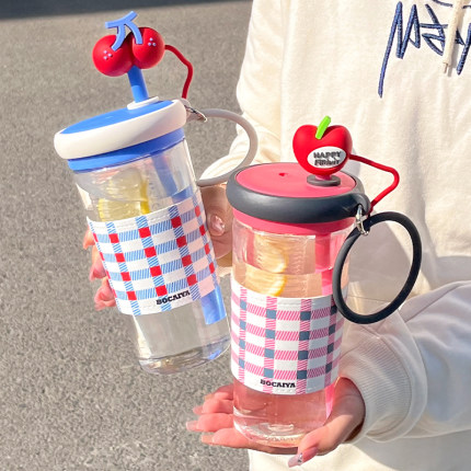 水果格子吸管水杯新款女生上学专用大容量成人塑料直饮夏便携水瓶