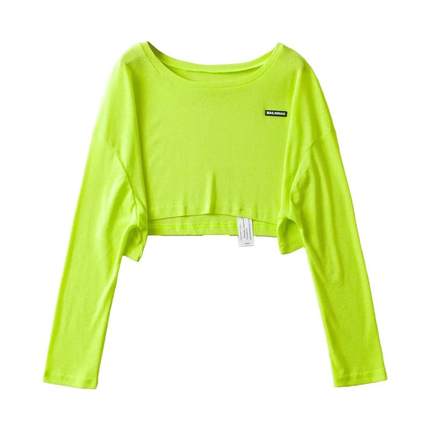 荧光绿色宽松短款落肩长袖t恤女夏薄款微透圆领贴标上衣防晒罩衫