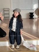 韩版女童复古牛仔套装2024春季新款儿童牛仔外套休闲萝卜裤两件套