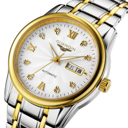 瑞士冠琴正品双日历夜光防水全自动机械男表商务镂空带钻品牌手表