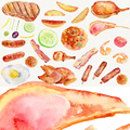 (B190)水彩手绘西餐食物美食牛排鸡腿煎蛋菜单卡片设计PNG素材