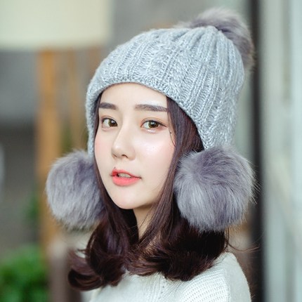2017冬季新款帽子女 韩版可爱针织毛线帽球球 韩国秋冬时尚护耳帽