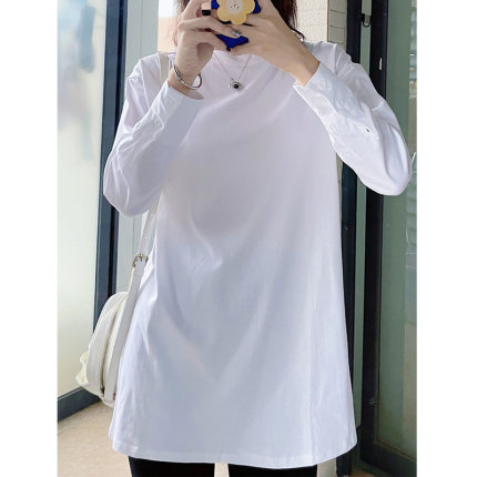 韩国春秋新款百搭白色时尚长袖T恤女中长版纯棉薄打底衫上衣洋派