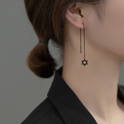 s925纯银六芒星耳线2023年新款长款流苏女学生简约显气质耳环饰品