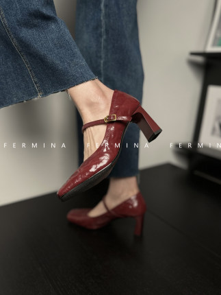 Fermina 复古方头浅口单鞋女车厘子红玛丽珍鞋2024新款粗跟高跟鞋