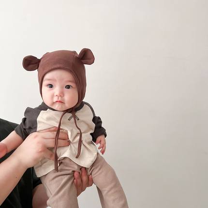 ins韩版奶油色系可爱熊耳朵婴儿护耳帽子 婴童宝宝绑带套头帽胎帽