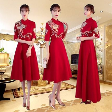 2024新款中式红色短袖礼仪旗袍迎宾朗诵诗歌大小合唱团气质演出服