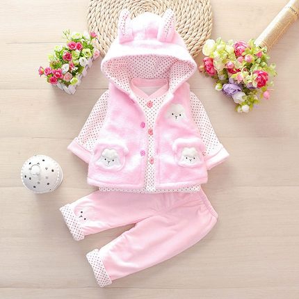 女宝宝冬装夹棉套装0-1-2岁新生婴幼儿童装衣服秋季棉衣三件套装