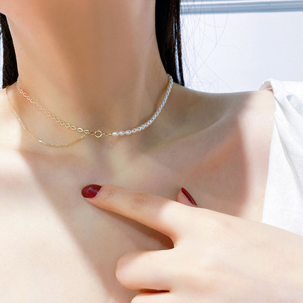 韩国正品14K黄金项链女 简约新款潮个性珍珠k金双层颈链锁骨链女