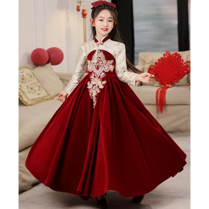 女童红色晚礼服秋冬10岁女孩生日公主裙儿童主持人演出服冬季高端