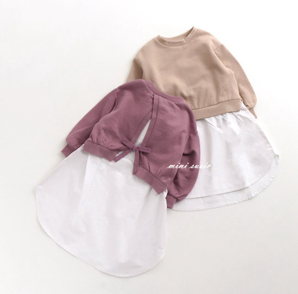 80-140日系女童梭织拼毛圈假两件长款卫衣裙