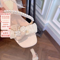 PINKYO原创米色法式粗跟珍珠凉拖2024新款仙女风配裙子一字拖凉鞋