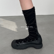 CHILIGIRL系带长靴2023新款小众设计独特显瘦拼接绑带时装中筒靴