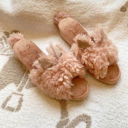 PETIT TROUVER冬款卷毛绒甜美可爱小兔子室内坡跟拖鞋女式家居鞋