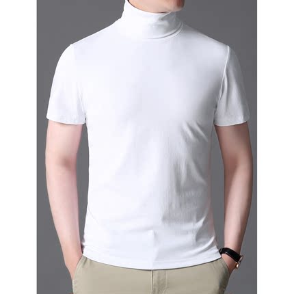 高领短袖男T恤修身新款高端男士打底衫纯色夏季薄款双翻领半袖潮