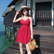 2023夏新款海边渡假复古吊带露背连衣裙显瘦小红裙沙滩超仙女短裙