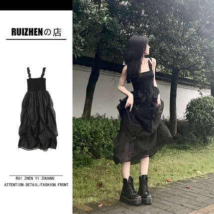 鞠婧祎同款黑色网纱吊带连衣裙小个子纯欲法式高级设计感小众夏季