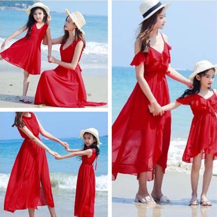 春节三亚旅游拍照母女亲子装夏红色雪纺沙滩裙女童公主裙海边度假