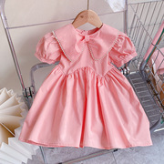 女童超仙粉色公主裙2024夏季新款韩版儿童洋气珍珠娃娃领连衣裙子