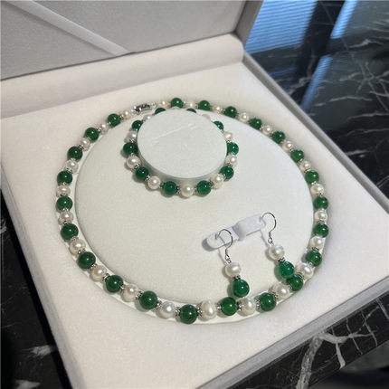 天然淡水珍珠项链手链耳环套装绿玛瑙镶嵌时尚气质颈链首饰送妈妈