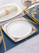 浮雕餐具盘子家用骨瓷10英寸大方盘欧式餐盘轻奢金边西餐盘牛排盘
