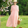夏季粉色长裙宽松短袖高端苎麻双星星提花风琴褶显瘦清凉连衣裙