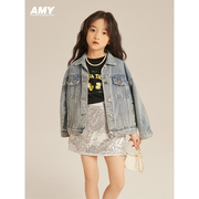 Amybaby女童牛仔外套2024新款春秋款韩版洋气时髦百搭潮酷上衣