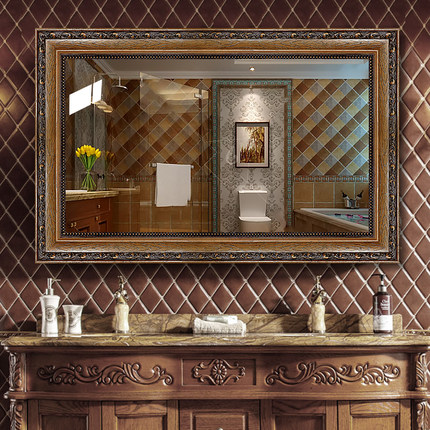 高档实木浴室镜欧式雕花复古卫浴镜美式洗手盆镜厕所卫生间大镜子
