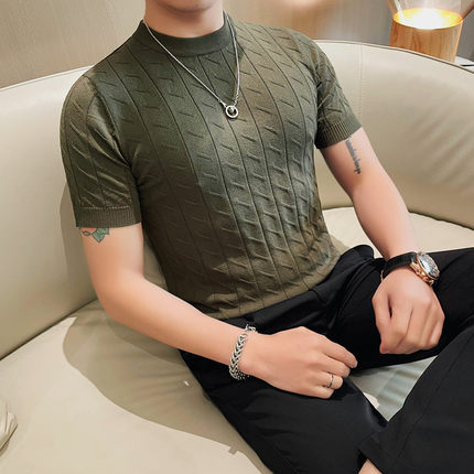 夏季圆领针织冰丝短袖T恤韩版修身男士纯色半袖百搭提花条纹体恤