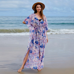 波西米亚海边度假大码沙滩裙两件套V领雪纺连衣裙开叉女士长裙