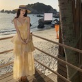 超仙女海边氛围感气质沙滩长裙子扎染黄色度假风飘逸蛋糕裙连衣裙