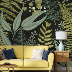 2021年手绘壁布电视机背景墙纸高档复古美式墙布植物壁纸绿色壁画
