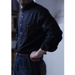 Plan B Vintage黑色棉麻衬衣中式立领衬衫日系复古半开襟男士衬衣