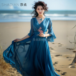 蓝色连衣裙雪纺过膝长款裙子夏季新款五分袖收腰显瘦大摆裙沙滩裙