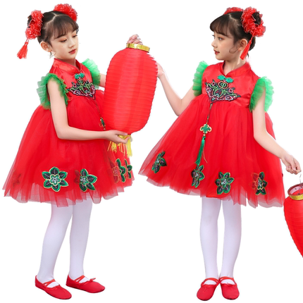 六一儿童喜庆演出服幼儿园灯笼舞蹈蓬蓬纱裙中国红梦娃女童表演服