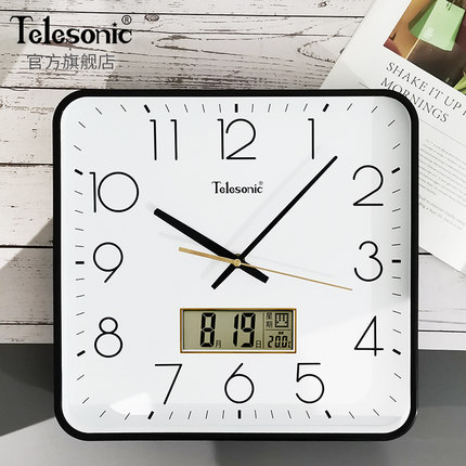 TELESONIC/天王星静音客厅挂钟方形居家日历时英钟表简约卧室壁钟