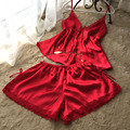 春夏季新款大码性感蕾丝丝绸吊带短裤睡衣套装女士红色两件套可爱