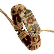 欧美流行饰品麻绳编织牛皮手链复古风烫画和平标志皮手链手环