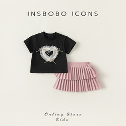 女童套装时尚韩版女宝短袖蛋糕裙两件套甜美爱心儿童童装INSbobo