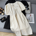 韩版夏季日常通勤连衣裙小个子短袖V领钉珠中裙时尚休闲洋气D》8c